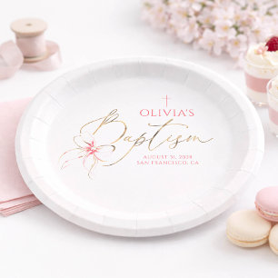 Assiettes En Carton Baptême Fille Ruban Doré et Rose Élégant