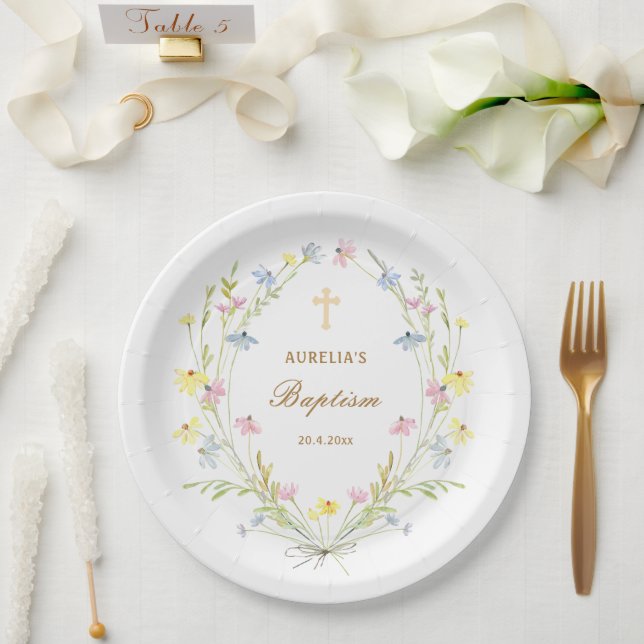 Assiettes En Carton Baptême Fleur sauvage Pastel (Mariage)
