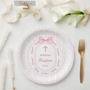 Assiettes En Carton Baptême floral de la structure en ruban rose
