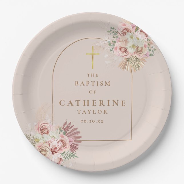 Assiettes En Carton Baptême Floral Pampas (Devant)