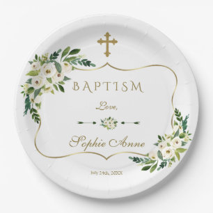 Assiettes En Carton Baptême florale florale moderne blanche