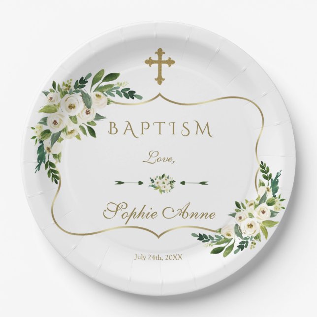 Assiettes En Carton Baptême florale florale moderne blanche (Devant)