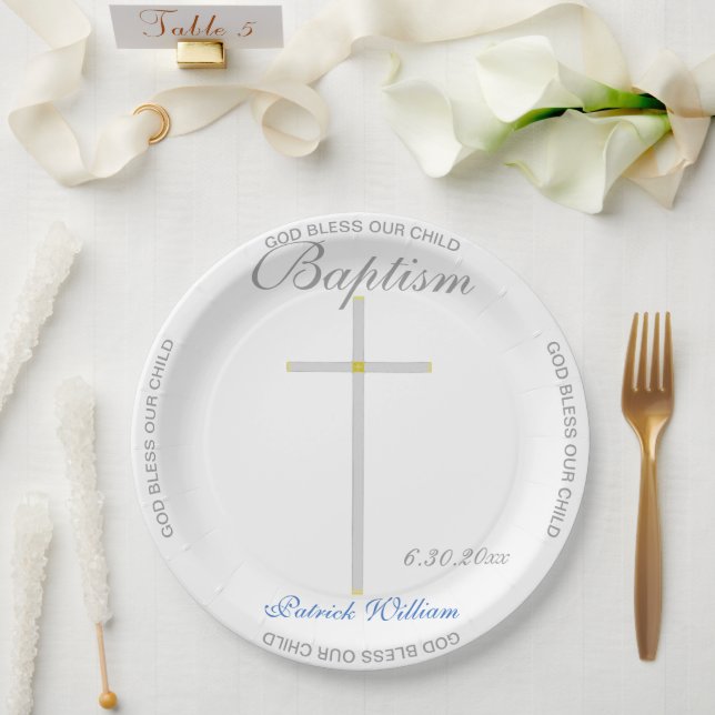 Assiettes En Carton Baptême Garçon Bleu Nom Croix d'argent (Mariage)