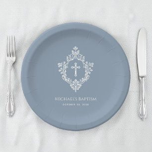 Assiettes En Carton Baptême garçon Dusty Croix Bleue Blanc Cimier Reli