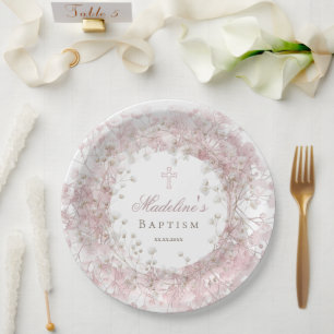 Assiettes En Carton Baptême gypsophile rose bébé