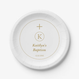 Assiettes En Carton Baptême Or Blanc Monogramme Initiales Élégant mign