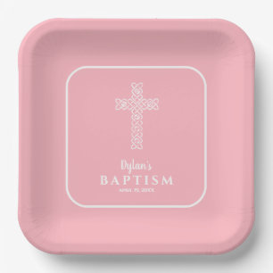 Assiettes En Carton Baptême rose croisé moderne