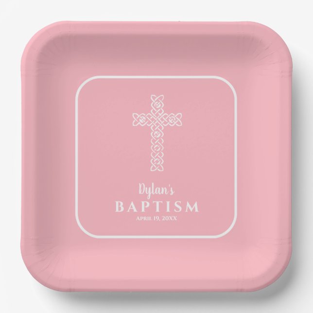Assiettes En Carton Baptême rose croisé moderne (Recto)