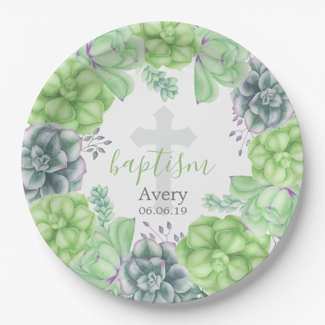 Assiettes En Carton Baptême succulent d'aquarelle élégante religieux (Devant)