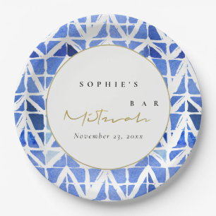 ASSIETTES EN CARTON BAR BLUE INDIGO WATERCOLOR CHEVRON BAT MITZVAH