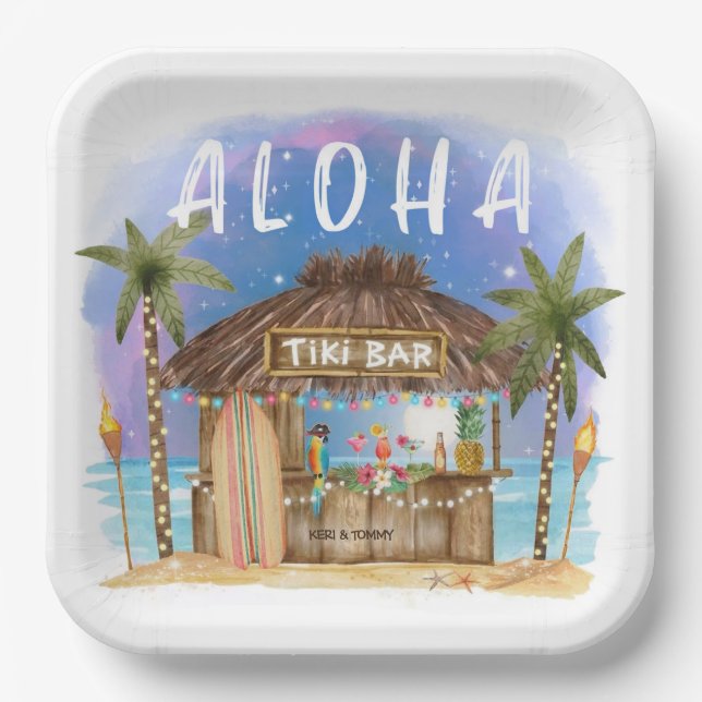 Assiettes En Carton Bar Tiki Tropical Aloha Surf & Mer (Recto)