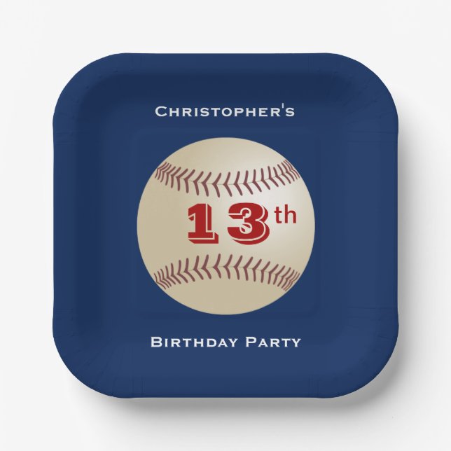 Assiettes En Carton Baseball, 13e fête d'anniversaire, Nom, Carré (Recto)