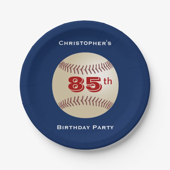 Assiettes En Carton Baseball, 85ème Anniversaire, Nom, Bleu (Devant)