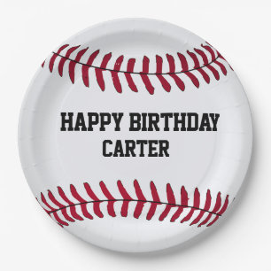 Assiettes En Carton Baseball d'anniversaire blanc avec nom