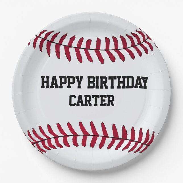 Assiettes En Carton Baseball d'anniversaire blanc avec nom (Devant)