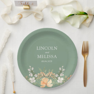 Assiettes En Carton Basil, Pêche et Mariage floral blanc