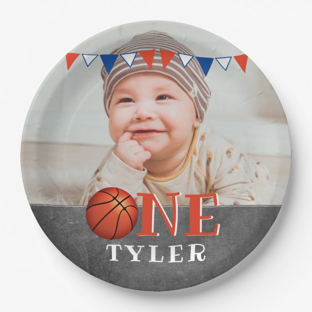 Assiettes En Carton Basketball Ball ONE Chalkboard Photo 1er anniversa (Devant)