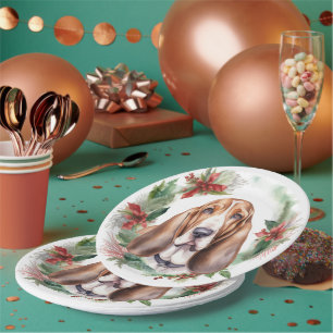 Assiettes En Carton Basset Hound Festive Wreath de Noël Pup