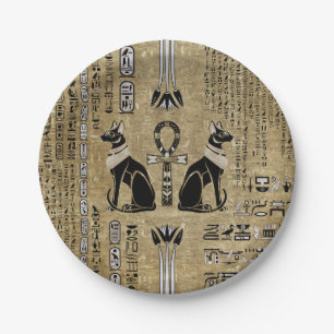 Assiettes En Carton Bastet - Chats Égyptiens Et Croix D'Ankh