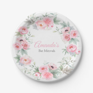 Assiettes En Carton Bat mitzvah, élégant, rose, aquarelle florale