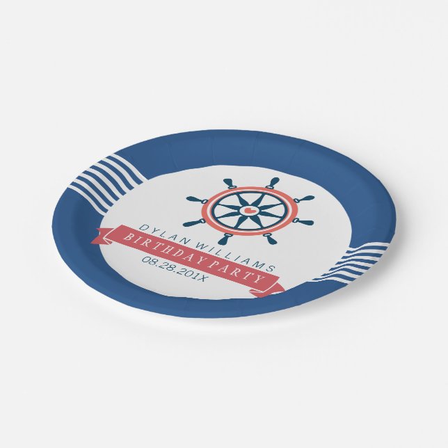 Assiettes En Carton Bateau bleu marine Roue et rayures (Angle)