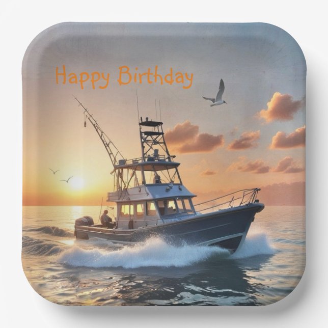 Assiettes En Carton Bateau de pêche anniversaire (Recto)