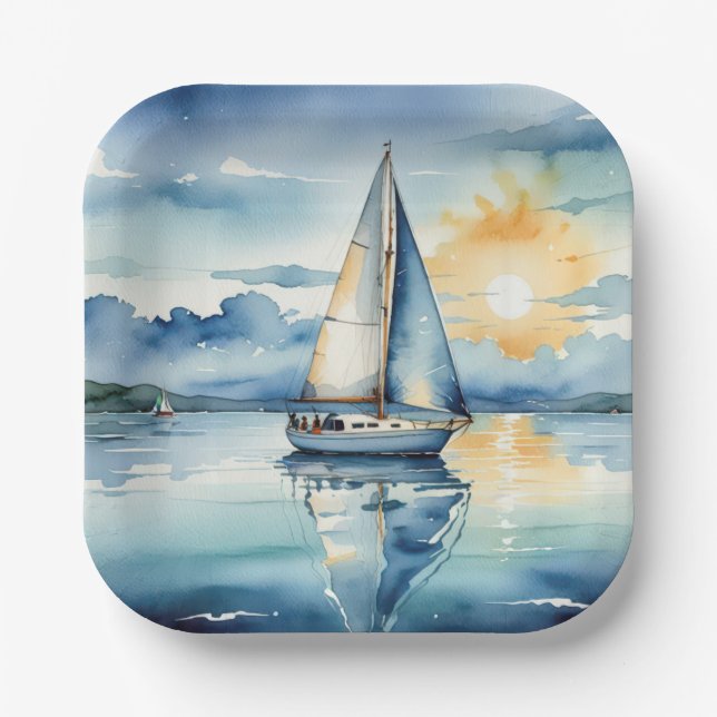 Assiettes En Carton Bateau Watercolor Sur Le Lac Au Coucher Du Soleil (Recto)