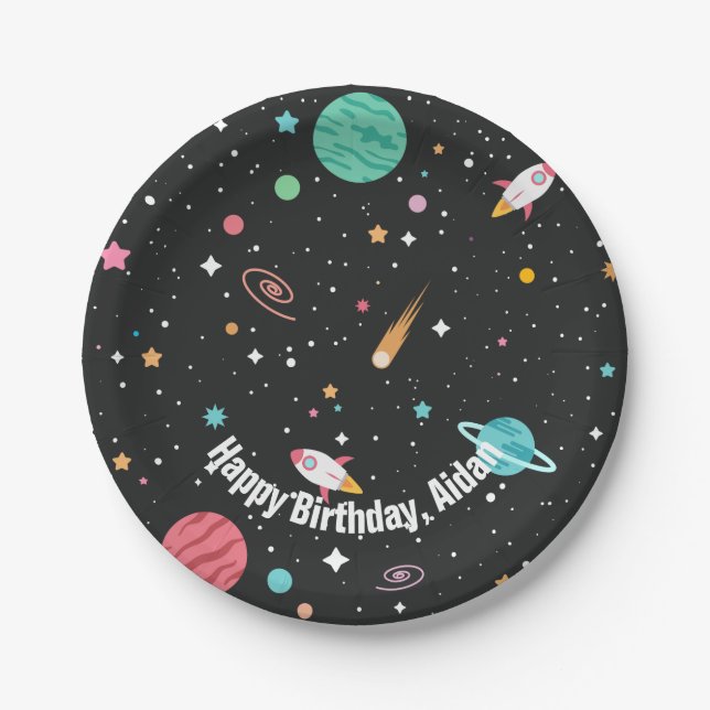 Assiettes En Carton Bateaux à fusée et planètes d'anniversaire (Devant)