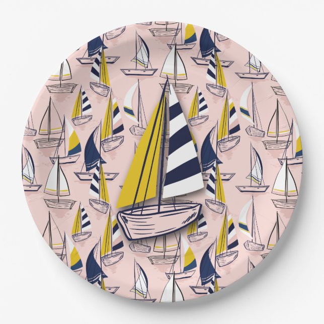 Assiettes En Carton Bateaux à voile bleu marine (Devant)