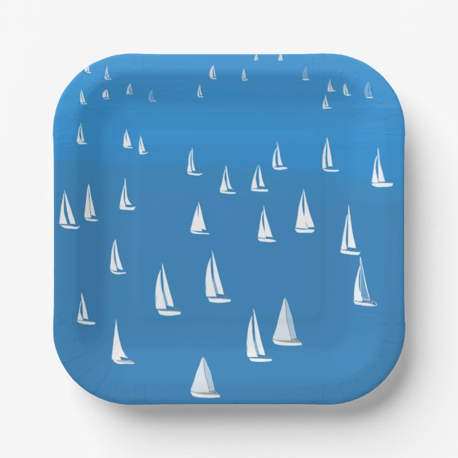 Assiettes En Carton Bateaux à voile en mer bleu profond - Regatta Bate (Recto)