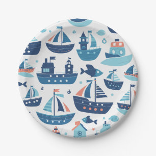 Assiettes En Carton Bateaux, navires et poissons charmants et mignons