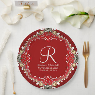 Assiettes En Carton Batik rouge Bohême Monogram V2 Mariage