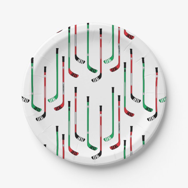 Assiettes En Carton Bâtons de hockey rouge et vert de Noël (Devant)