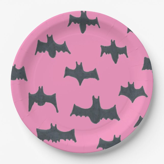 Assiettes En Carton Bats d'Halloween roses et noires (Devant)