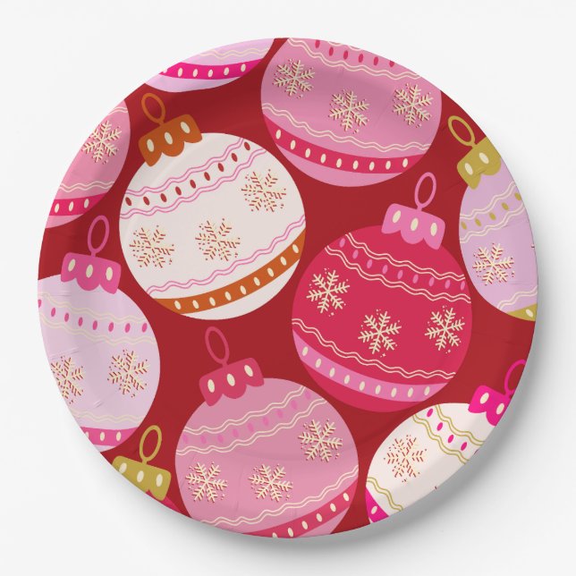 Assiettes En Carton Baubles De Noël Rose Et Rouge (Devant)