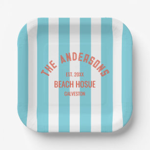 Assiettes En Carton Beach House Nom personnalisé Blue Cabana Stripe