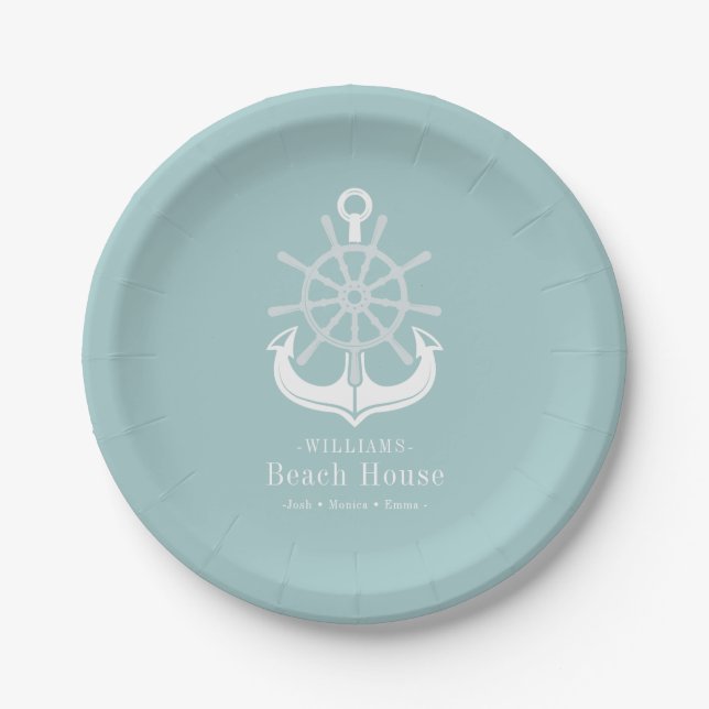 Assiettes En Carton Beach House Turquoise Nom de famille Ancre (Devant)