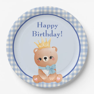 Assiettes En Carton Bear Cub Blue Checker Joyeux anniversaire