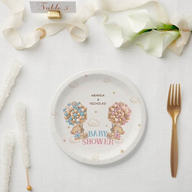 Assiettes En Carton Bear Twins Douche rose bleu (Mariage)