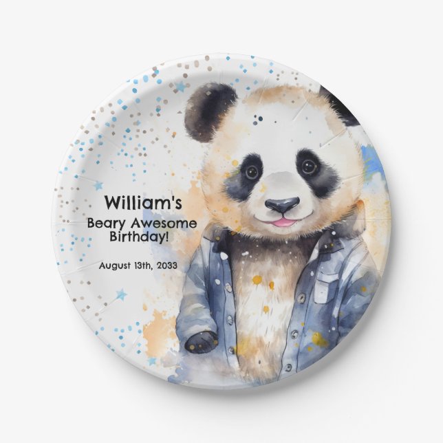Assiettes En Carton Beary Awesome Boys Aquarelle Panda Anniversaire (Devant)
