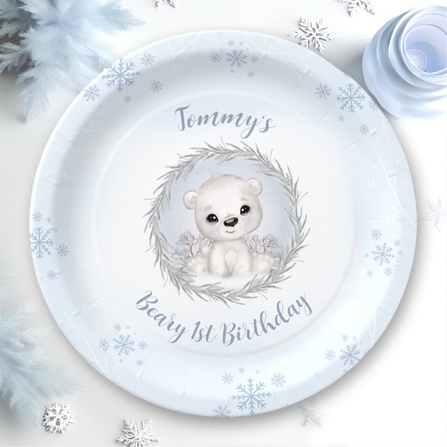 Assiettes En Carton Beary d'hiver 1er anniversaire mignon Ours bleu po (Winter Beary 1st Birthday Cute Blue Polar Bear Paper Plates)