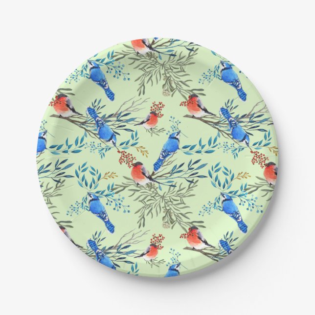 Assiettes En Carton Beau Aquarelle Oiseaux et Motif de Foliage (Devant)