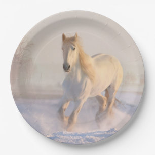 Assiettes En Carton Beau Cheval Blanc Courir dans la neige