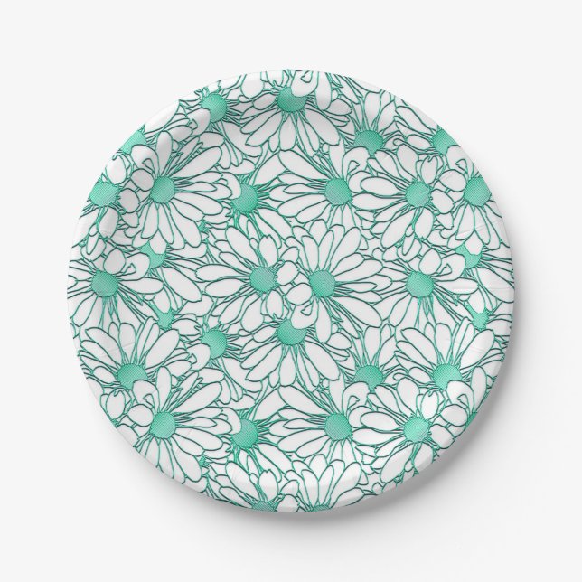 Assiettes En Carton Beau design floral Turquoise et blanc (Devant)