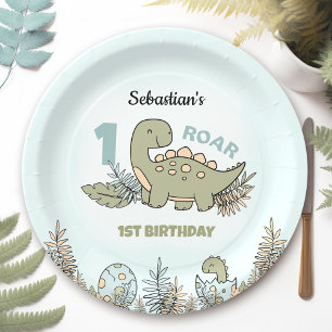 Assiettes En Carton Beau Dinosaure Bleu Vert Garçon 1er Anniversaire