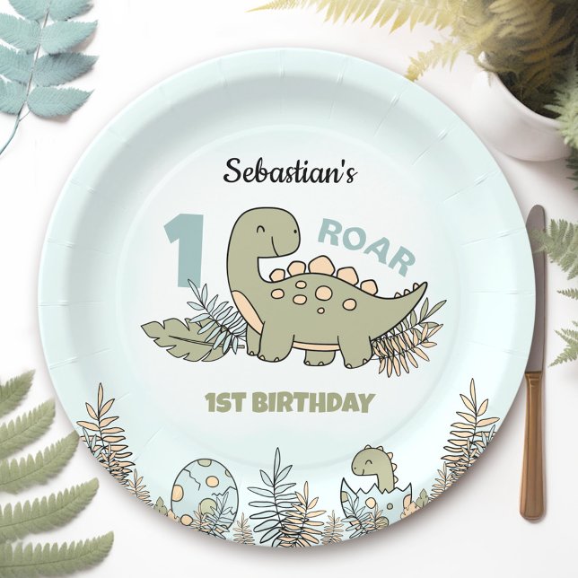 Assiettes En Carton Beau Dinosaure Bleu Vert Garçon 1er Anniversaire (Cute Cartoon Dinosaur Blue Green Boy 1st Birthday Paper Plates)