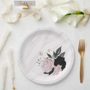 Assiettes En Carton Beau marbre noir & rose fleurs