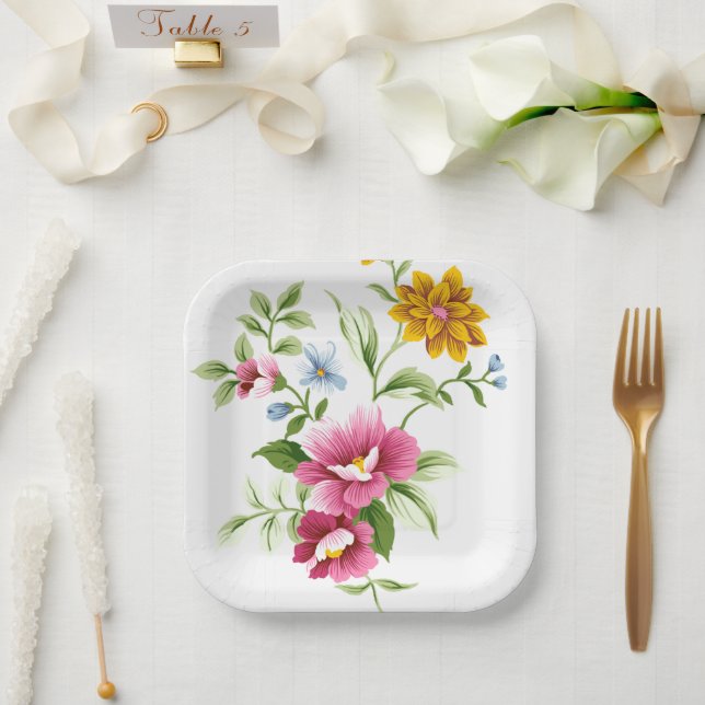 Assiettes En Carton Beau Mariage de fleurs de printemps (Mariage)