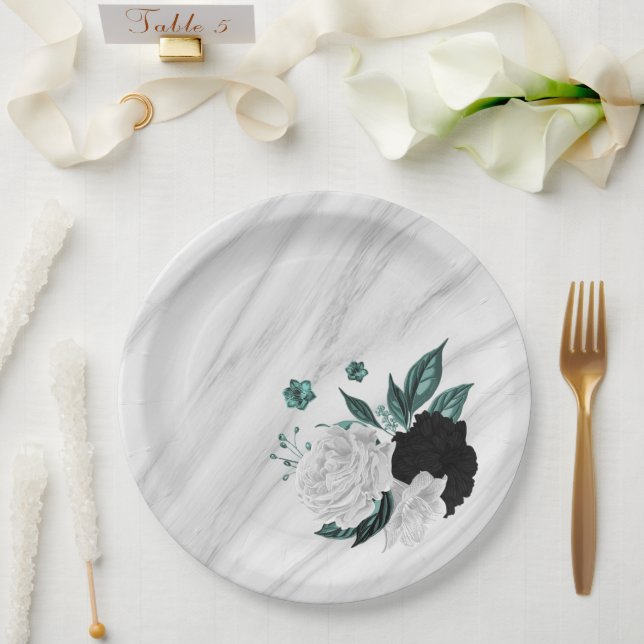 Assiettes En Carton Beau noir blanc turquoise fleurs marbre (Mariage)
