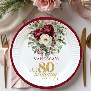 Assiettes En Carton Beau Papier Floral de Bourgogne pour 80ème Anniver